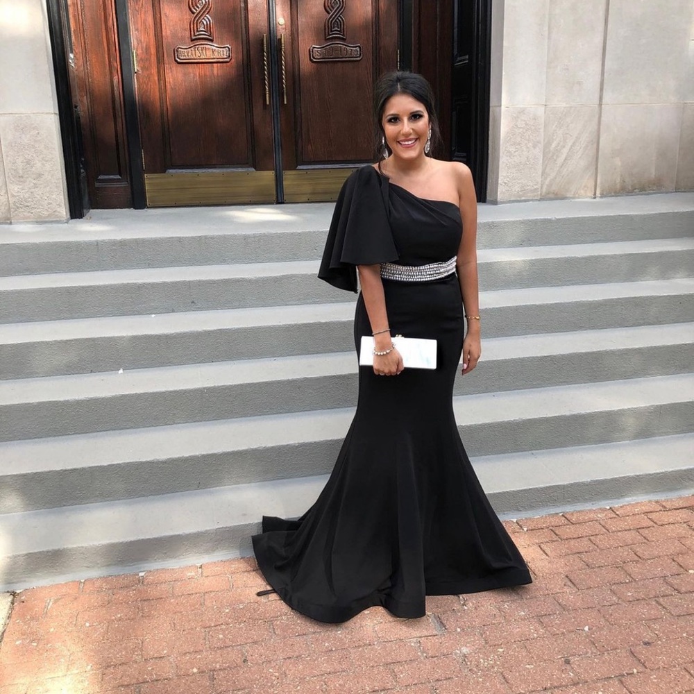 Mac Duggal black and Pearl gown